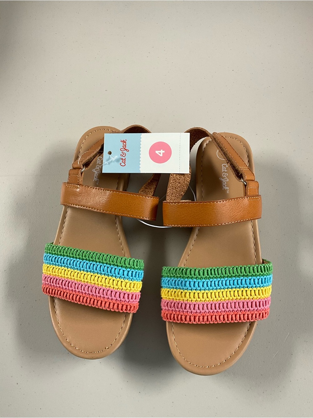 Cat & Jack Tan Sandals with Multicolor Rainbow Straps
